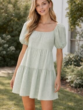 SHEIN Size S Light Sage Square Neck Puff-Sleeve Tiered Mini Dress